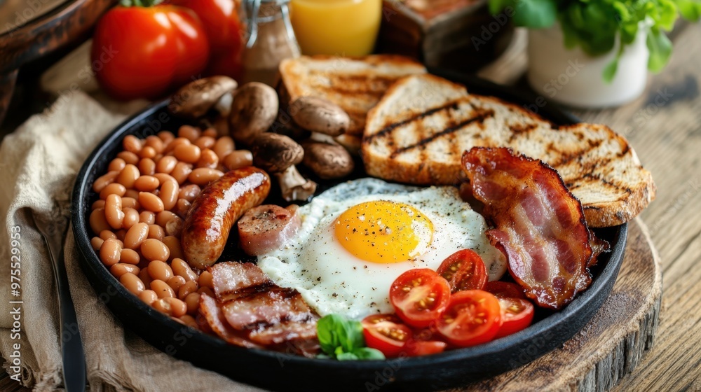 English breakfast served with fried eggs, sausages, bacon, baked beans, grilled tomatoes, mushrooms and toast, served on a rustic wooden table. English breakfast served with fried eggs, sausages, bacon, baked beans, grilled tomatoes, mushrooms and toast, served on a rustic wooden table.