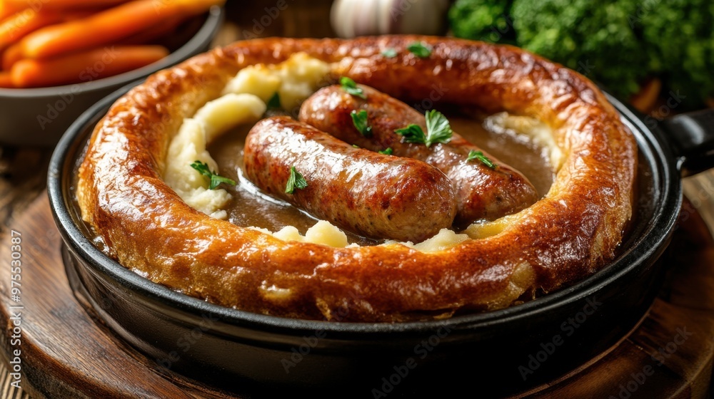 A British dish consisting of sausages cooked in Yorkshire pudding batter, served with a rich onion gravy, mashed potatoes and steamed vegetables. A British dish consisting of sausages cooked in Yorkshire pudding batter, served with a rich onion gravy, mashed potatoes and steamed vegetables.
