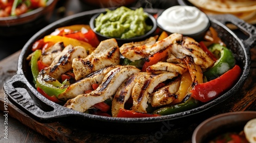 Hot plate with fajitas, consisting of grilled chicken, bell peppers and onions, served with warm tortillas, guacamole, salsa and sour cream.