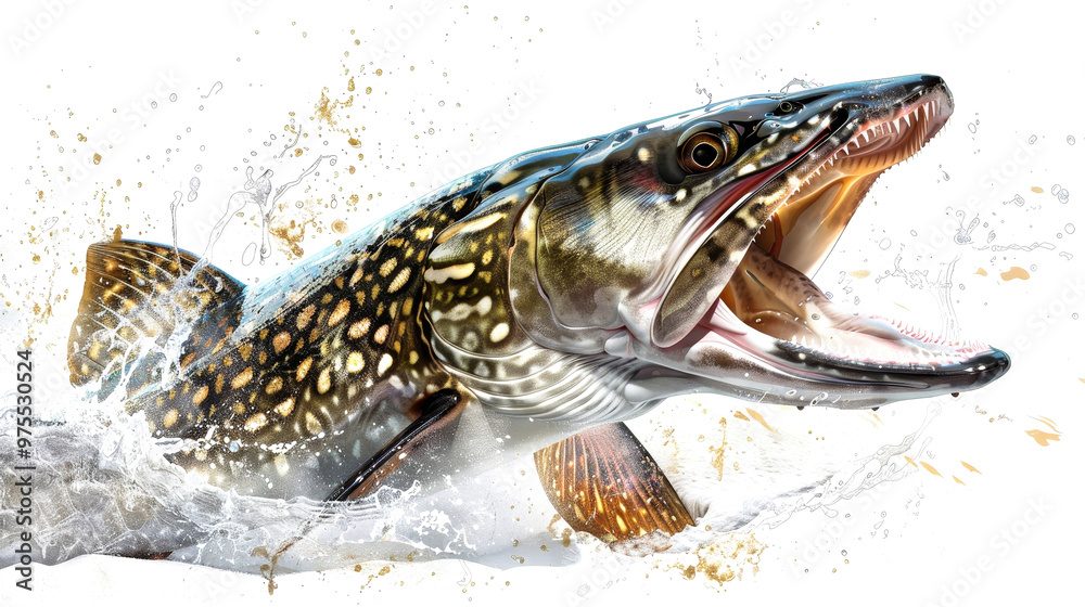 A fierce pike fish bursts from the water, showcasing its powerful jaws and dynamic splashes in a striking, vivid display of nature A fierce pike fish bursts from the water, showcasing its powerful jaws and dynamic splashes in a striking, vivid display of nature