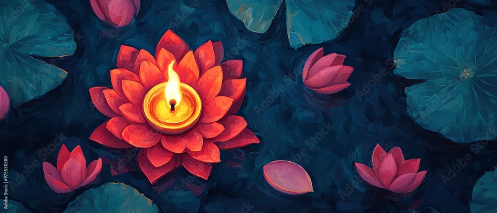 A serene water scene featuring a vibrant red lotus flower with a glowing candle, surrounded by lush green leaves and pink blooms. A serene water scene featuring a vibrant red lotus flower with a glowing candle, surrounded by lush green leaves and pink blooms.