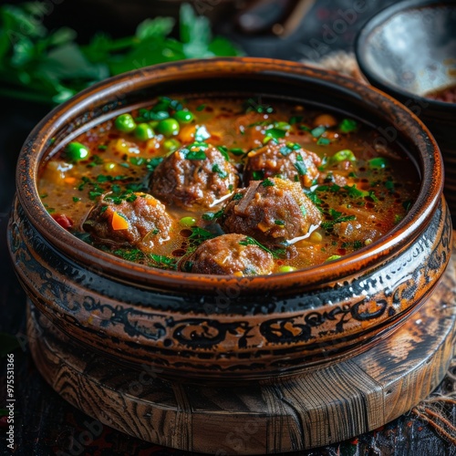 Homemade Kufta Bozbash, Mutton Meat Balls Soup with Spices in Ceramic Bowl, Meat Balls, Vegetables photo