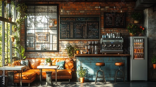 Modern coffee shop interior with brick walls, large windows, and a leather couch.