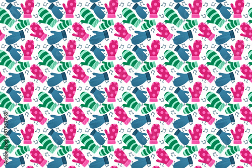 Cute and festive seamless pattern featuring mittens and musical notes. Ideal for creating holiday designs, stationery, or digital products.