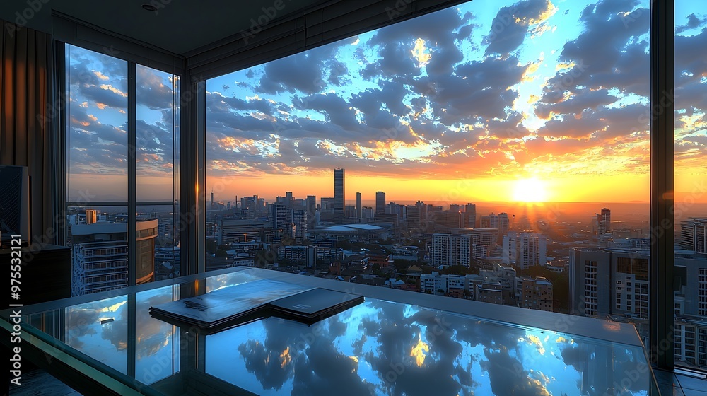 Fototapeta premium South African office featuring a glass table against an urban sunrise in Johannesburg.
