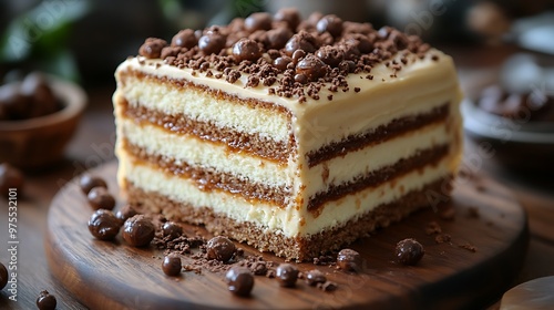 Closeup of a layered chocolate cake with caramel frosting and chocolate balls on top.