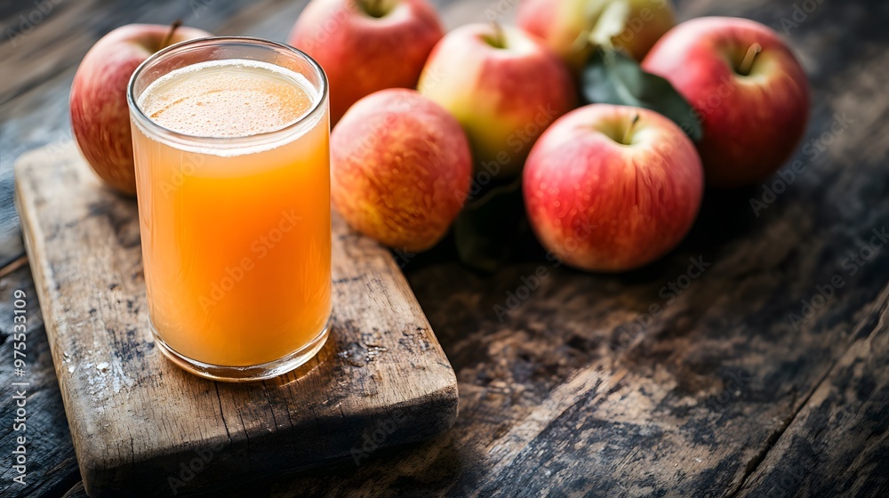 Apple juice on a board with apples , Generative AI Apple juice on a board with apples , Generative AI