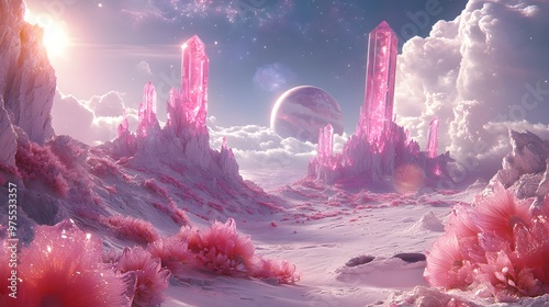 Fototapeta Naklejka Na Ścianę i Meble -  a alien planet with glass like cristals and pink landscape