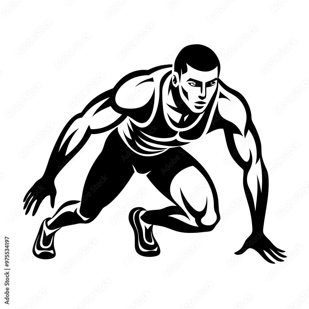 Fototapeta premium Focused athlete in starting position for sprinting, dynamic illustration in monochrome style