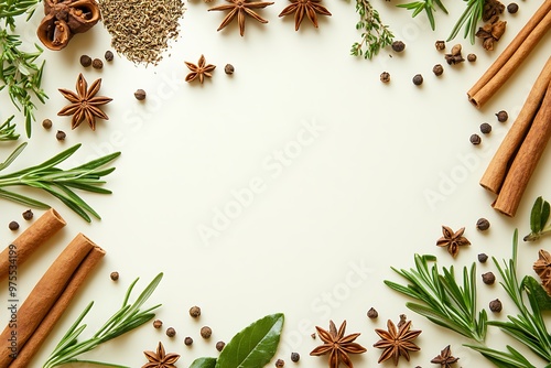 Background of assorted spices and herbs like cinnamon sticks, star anise, and rosemary, with space at the top for text photo