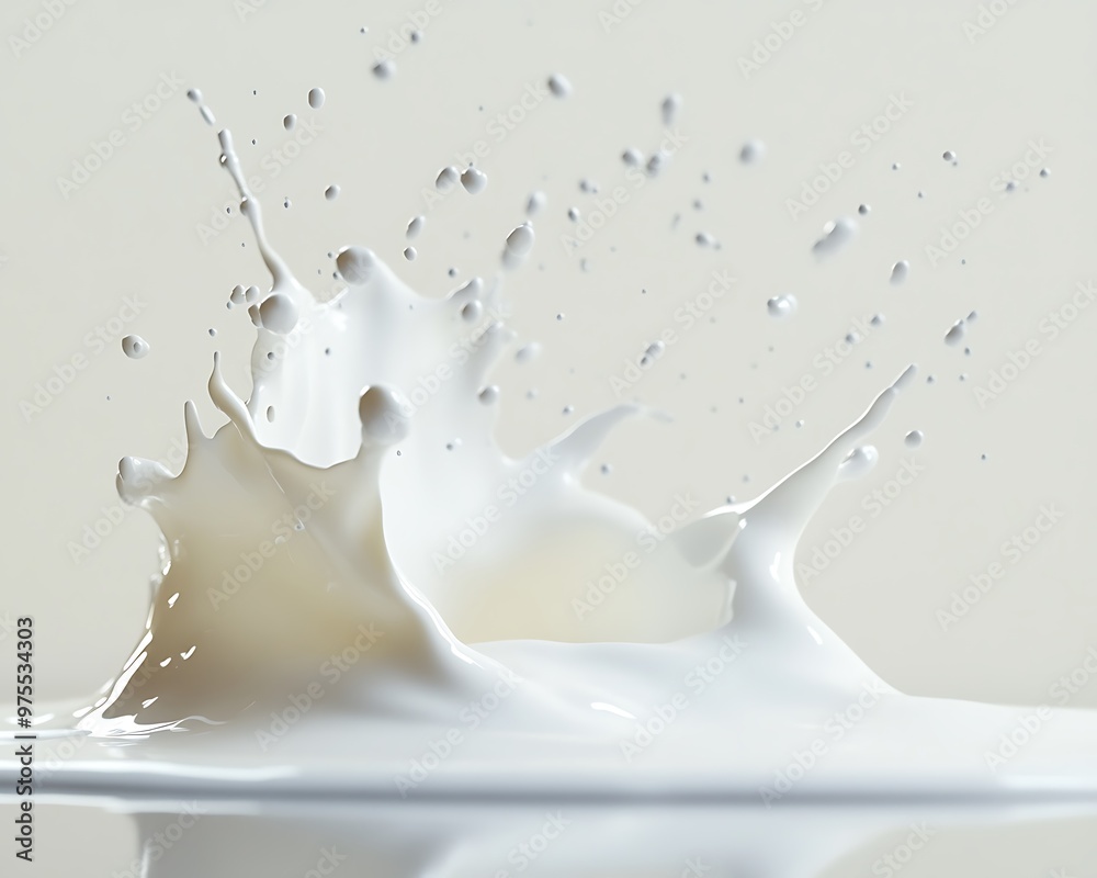 Pouring milk splashing in the air, with a clean white background and open space on the left side for messaging Pouring milk splashing in the air, with a clean white background and open space on the left side for messaging