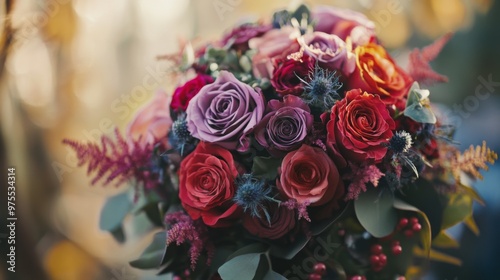 A vibrant bouquet of roses in shades of red, purple, and pink, with hints of blue and green foliage.