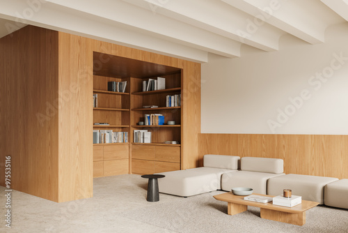 Modern living room with wooden bookshelves and beige furniture. 3D Rendering