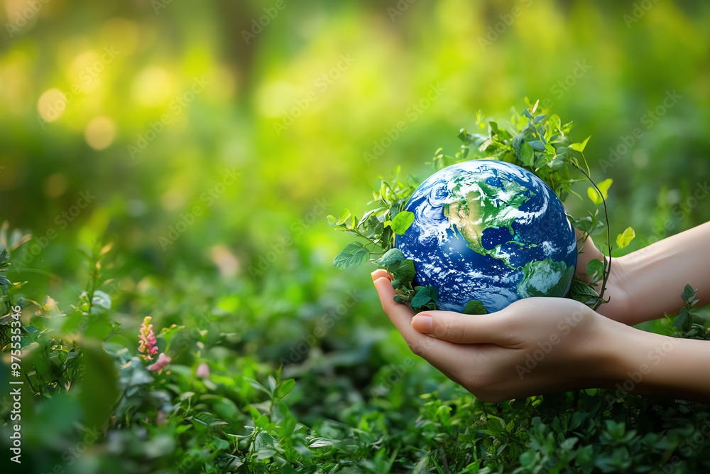 Hands gently holding a small Earth model in a lush green environment, symbolizing environmental care, sustainability, and global unity.