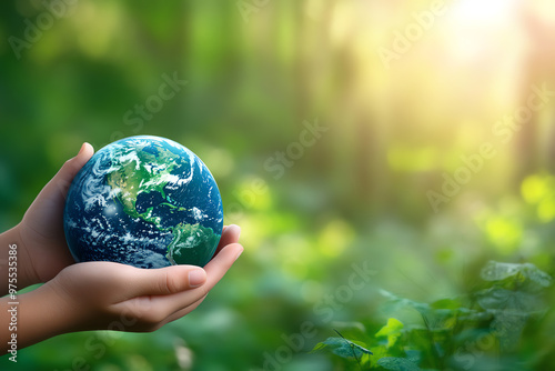 Hands holding a small Earth globe in a lush green forest with sunlight shining through, symbolizing environmental conservation and sustainability.