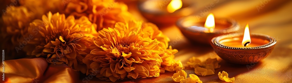 A serene arrangement of vibrant yellow flowers and glowing candles, perfect for festive celebrations and tranquil moments. A serene arrangement of vibrant yellow flowers and glowing candles, perfect for festive celebrations and tranquil moments.