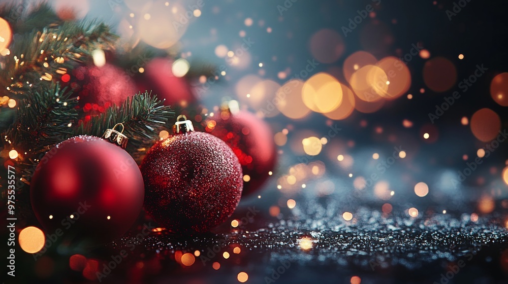 Christmas Ornaments On Christmas Tree Branches. Merry Christmas and Happy New Year Christmas Ornaments On Christmas Tree Branches. Merry Christmas and Happy New Year