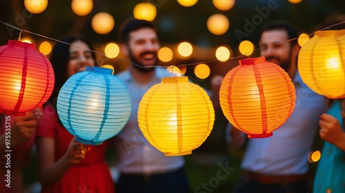 Colorful lanterns illuminate a joyful gathering, creating a festive atmosphere perfect for celebrations and summer nights.