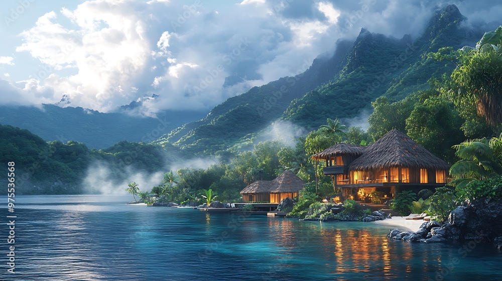 Naklejka premium Tropical island with two bungalows on the beach at sunrise.