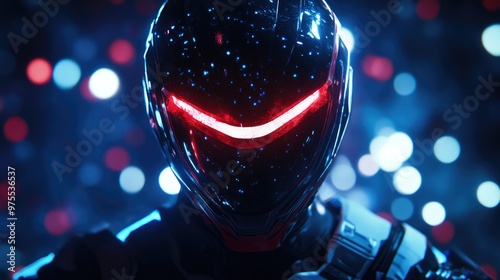 A futuristic helmet with glowing red lights against a background of blue and red bokeh lights.