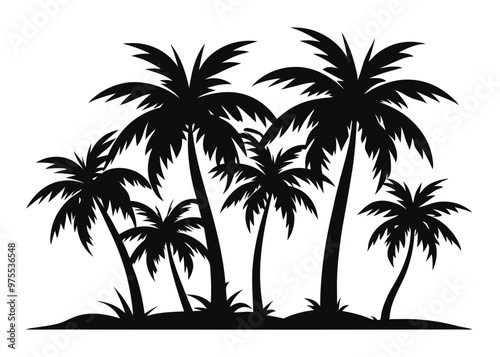 Palm Tree Silhouette with Detailed Fronds and Trunks png on White Background ,tropical silhouette, beach trees, palm tree fronds vector