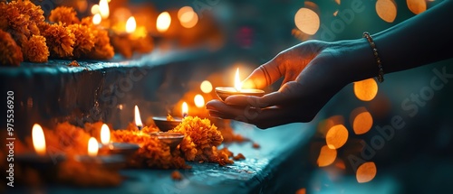 A hand holding an oil lamp amidst vibrant marigold flowers, creating a serene and festive atmosphere with soft glowing lights. photo