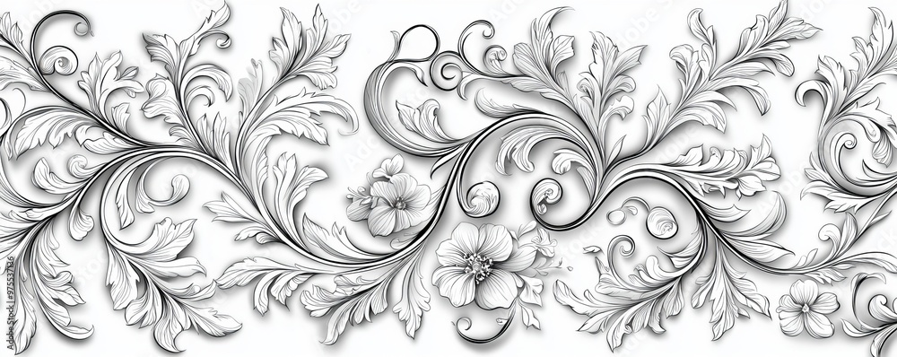 Elegant Floral Swirls on White Background, Black and White Illustration, Vines, Flowers, Ornate, Floral Design, Decorative Elegant Floral Swirls on White Background, Black and White Illustration, Vines, Flowers, Ornate, Floral Design, Decorative