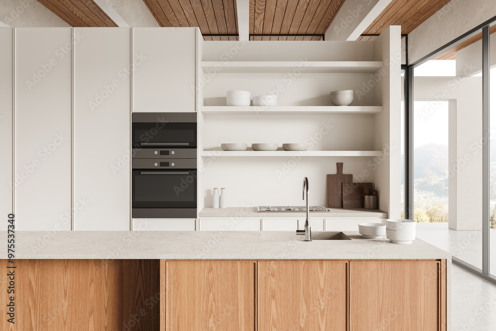 Home kitchen interior with bar island and cooking cabinet, panoramic window Home kitchen interior with bar island and cooking cabinet, panoramic window