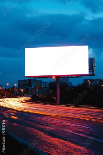 Highway at dusk with a glowing white blank billboard mock-up, perfect for night-time advertising