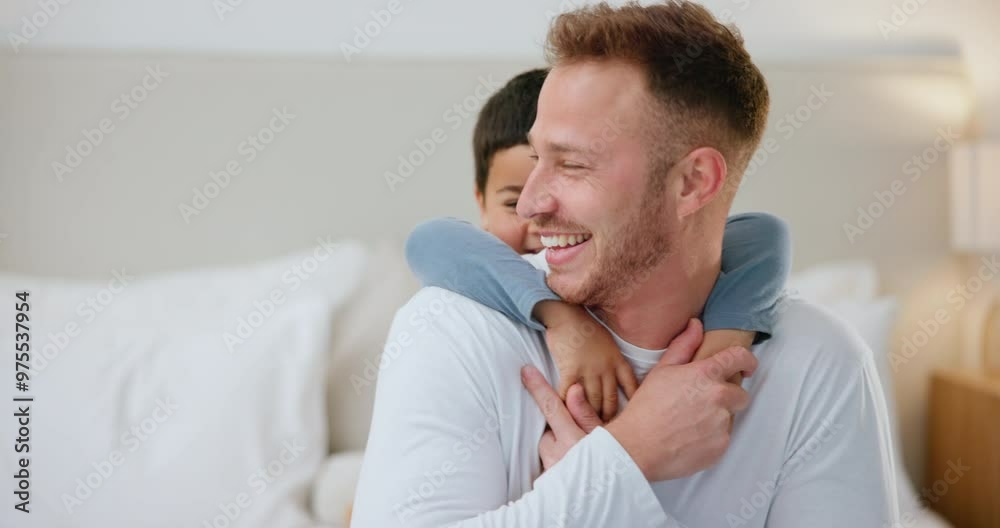 Bedroom, hug and father with child in home for love, bonding and loving relationship together. Family, parents and happy dad with young boy embrace for support, care and relax for childhood on bed Bedroom, hug and father with child in home for love, bonding and loving relationship together. Family, parents and happy dad with young boy embrace for support, care and relax for childhood on bed
