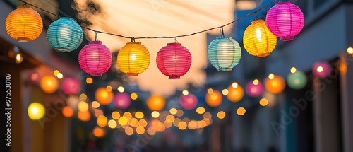 Colorful paper lanterns illuminate a charming street at dusk, creating a festive and inviting atmosphere for gatherings.