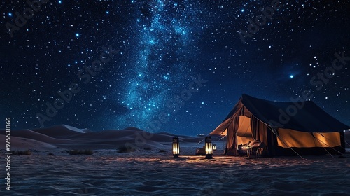 Bedouin tent set up in the Dubai desert, with a starry night sky above