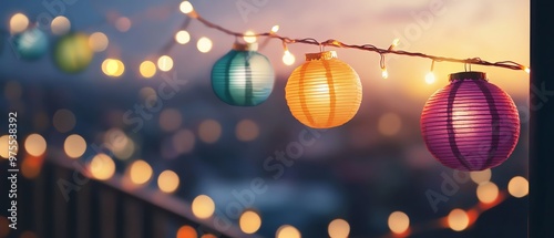 Colorful lanterns glow against a soft sunset backdrop, creating a warm and inviting atmosphere for evening gatherings.