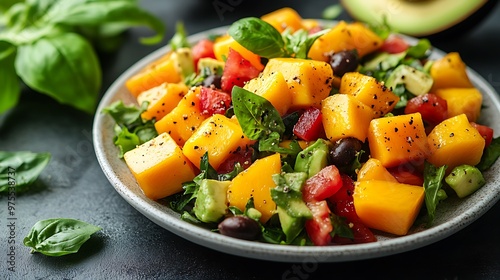 Fresh salad with mango, avocado, tomatoes, black olives, and basil.