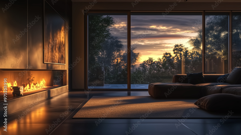 Fototapeta premium A modern living room at dusk, with soft ambient lighting from a