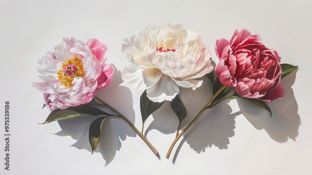 Three lovely peonies on white backdrop Three lovely peonies on white backdrop