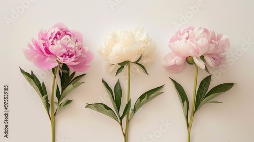 Fototapeta Naklejka Na Ścianę i Meble -  Three lovely peonies on white backdrop