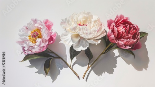 Fototapeta Naklejka Na Ścianę i Meble -  Three lovely peonies on white backdrop