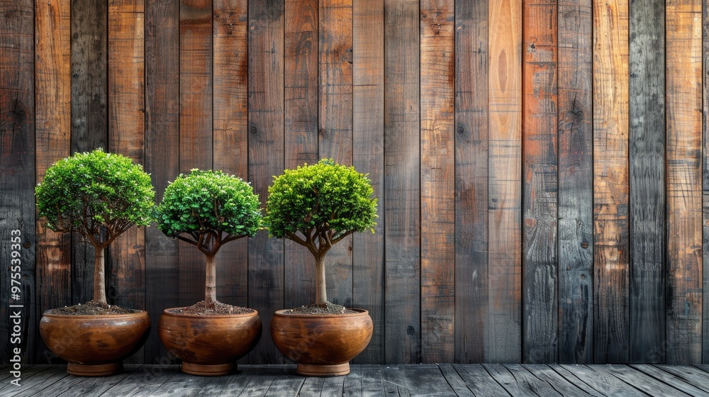 Three trees in a pot with a wooden wall background Three trees in a pot with a wooden wall background