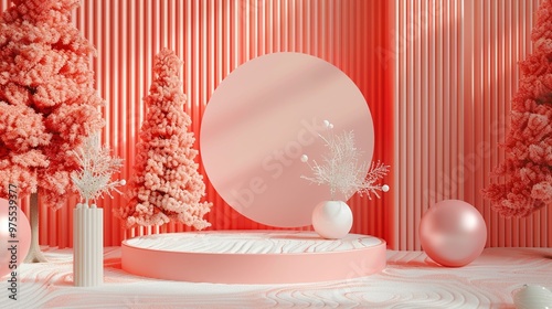 Festive Elegance: Innovative Christmas Decor Against Pantone Peach Fuzz with Soft, Rounded Forms in a ZBrush Style, Animated GIFs, and Konica Big Mini Touch photo