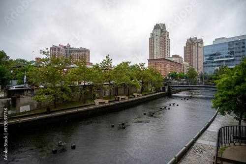 Providence, Rhode Island, USA - September 10, 2024: downtown cityscape Skyline view from above the Providence River.