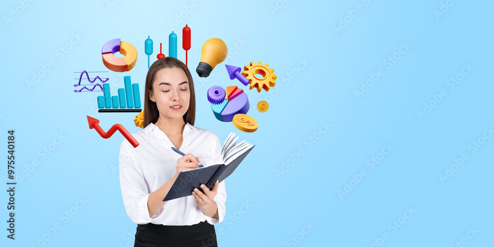 Businesswoman take notes with colorful financial analysis icons. Copy space
