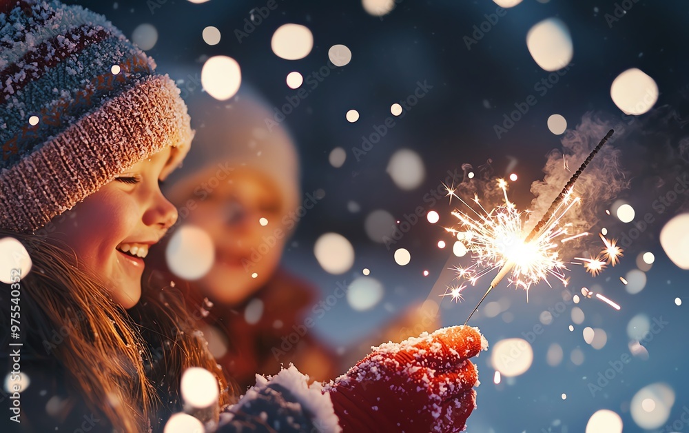 Joyful child holding a sparkler in winter, surrounded by soft snowflakes, capturing the magic of festive celebrations. Joyful child holding a sparkler in winter, surrounded by soft snowflakes, capturing the magic of festive celebrations.