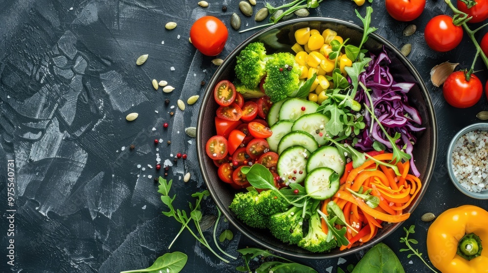 Top down view of vegetable salad in a bowl Top down view of vegetable salad in a bowl