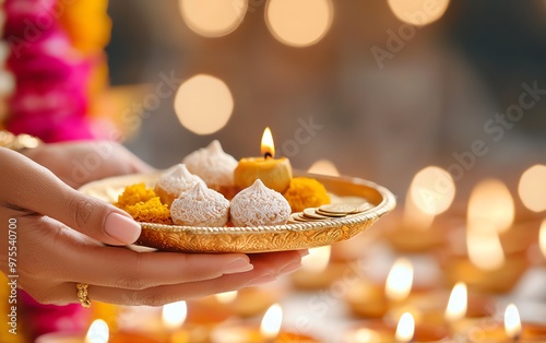 A beautiful display of traditional Indian sweets and lighting, symbolizing celebration and auspiciousness in festive occasions. photo