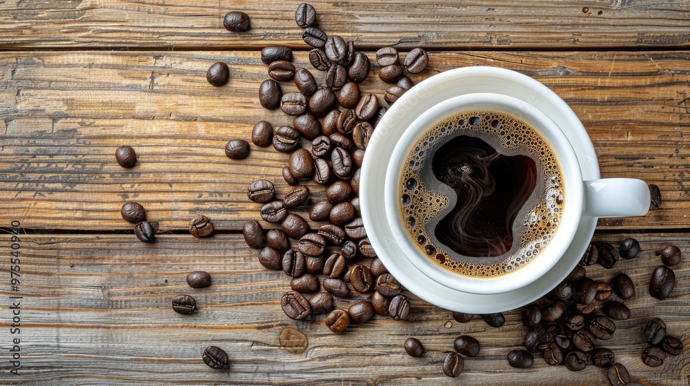 Top view image of hot coffee in a white cup and roasted coffee beans on a wooden table Top view image of hot coffee in a white cup and roasted coffee beans on a wooden table