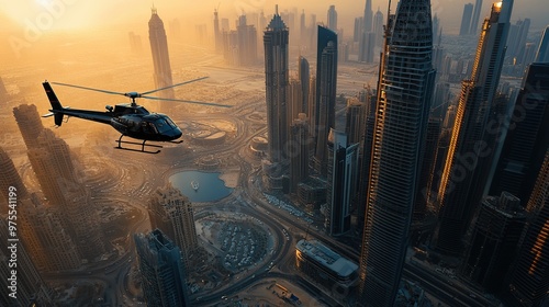 Aerial perspective of Dubai skyscrapers with a helicopter flying nearby
