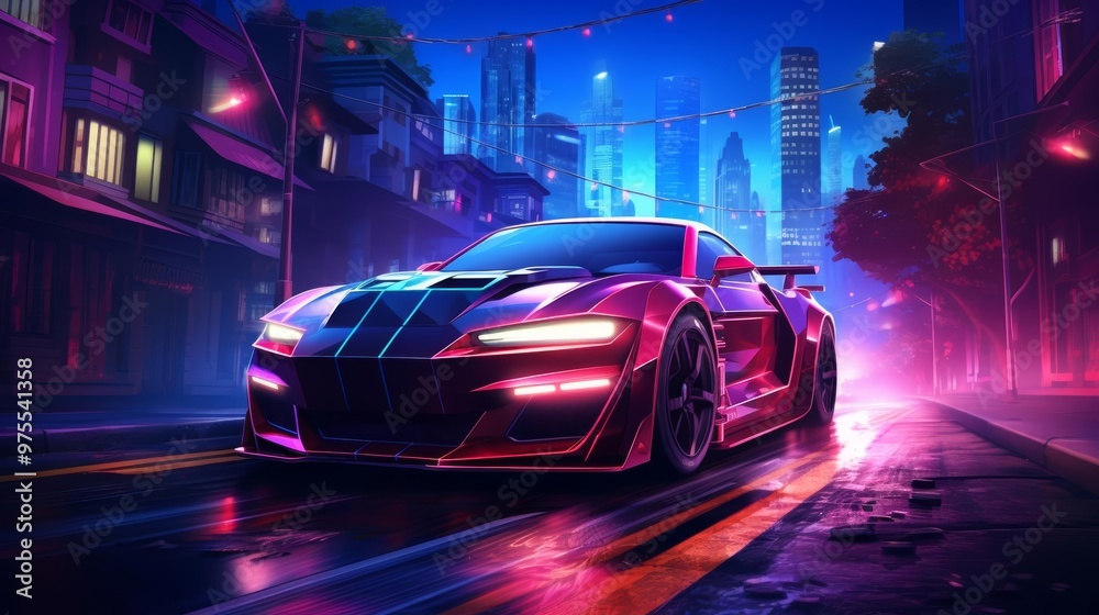 The flashing lights of a police car in the night, painting the scene in red and blue in this intense illustration The flashing lights of a police car in the night, painting the scene in red and blue in this intense illustration