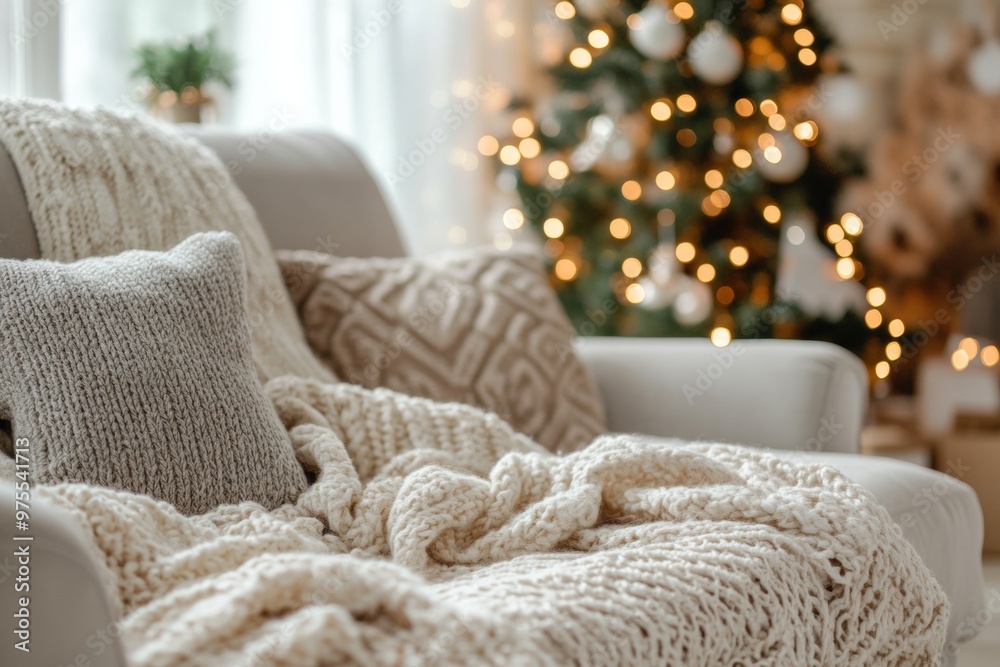 Cozy armchair draped with soft knitted blankets and pillows, set in front of a glowing Christmas tree adorned with festive lights. Cozy armchair draped with soft knitted blankets and pillows, set in front of a glowing Christmas tree adorned with festive lights.