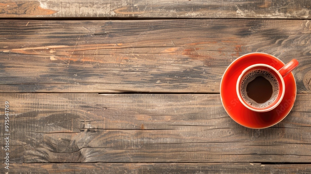 Top view of coffee cup on wooden table with empty space Top view of coffee cup on wooden table with empty space